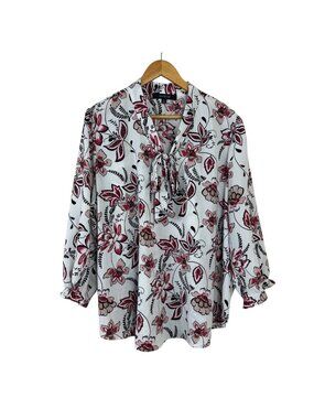 Ava Rose Floral Career Blouse White Pink Black Plus Size 2X Tie at Neck Office